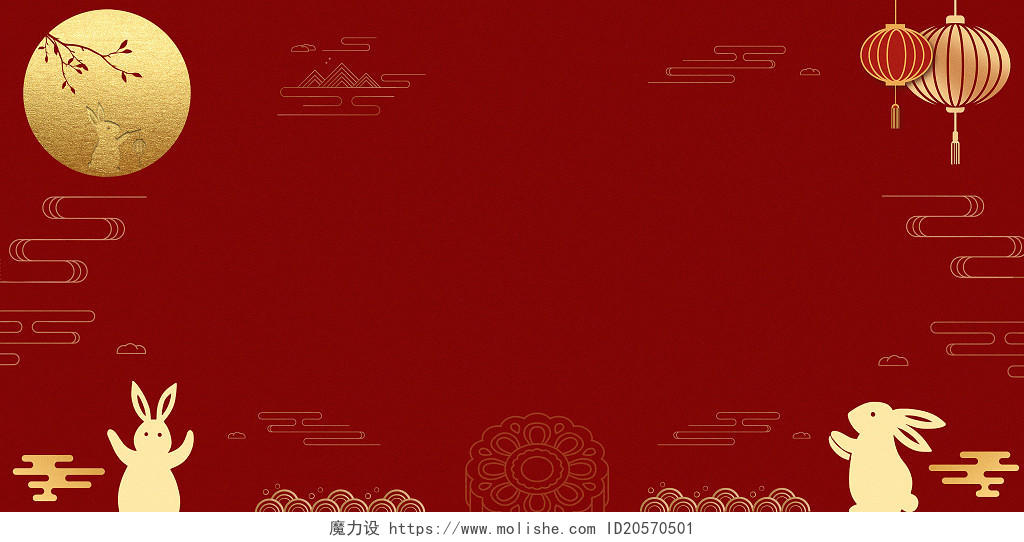 红色中国风中秋节月兔剪影月亮月饼八月十五中秋节线条背景中秋中秋节背景